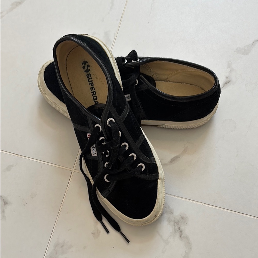 Superga Black Sneakers with White Soles and Decorative Laces